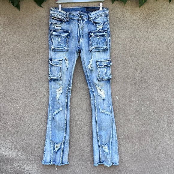 Rockstar Original Jeans Mens 34x33 RSM205 Flare Denim Distressed Cargo Pockets - Picture 1 of 16